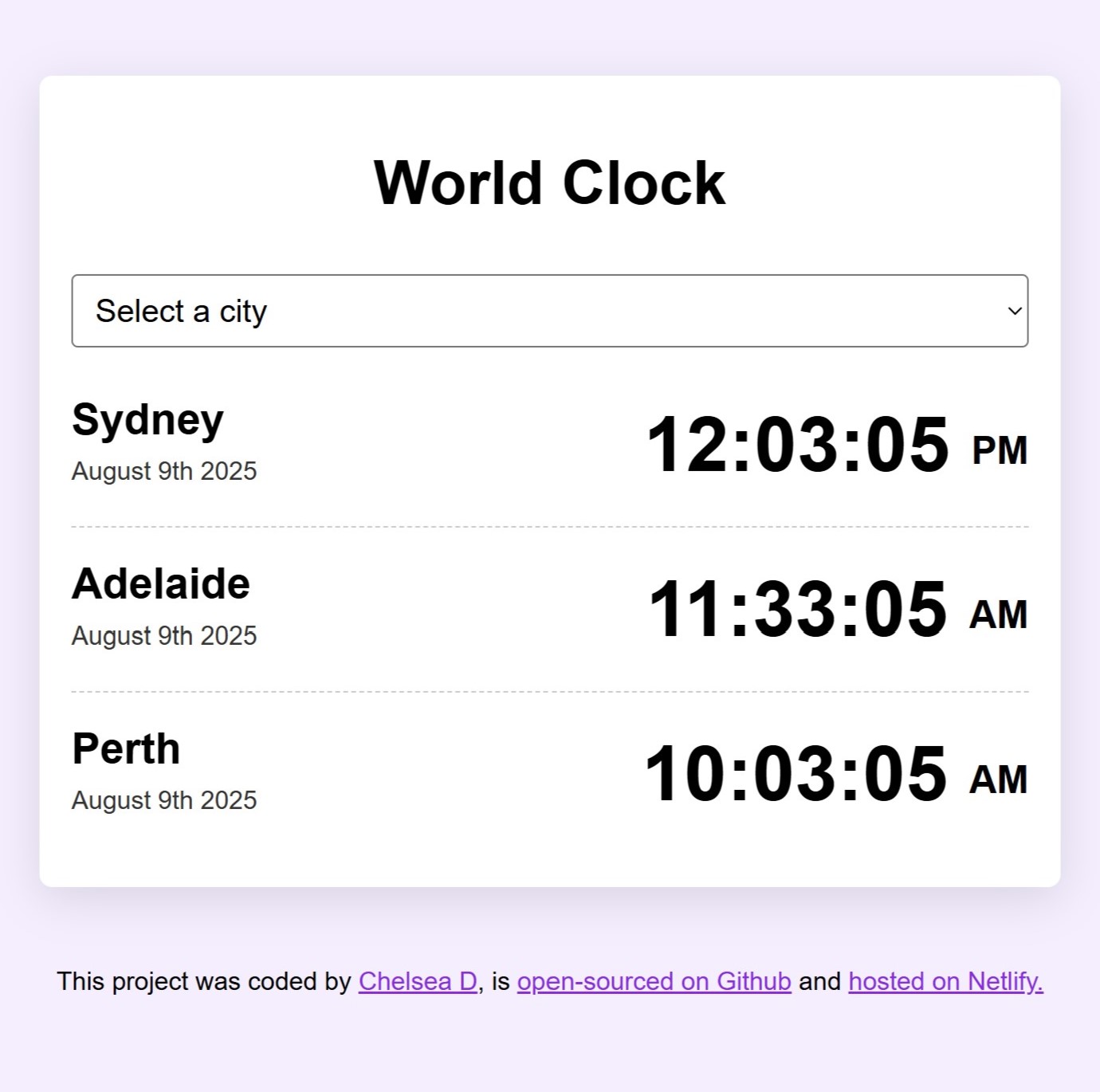A world clock application showing the times for Sydney, Adelaide and Perth, with a dropdown menu to select a city.